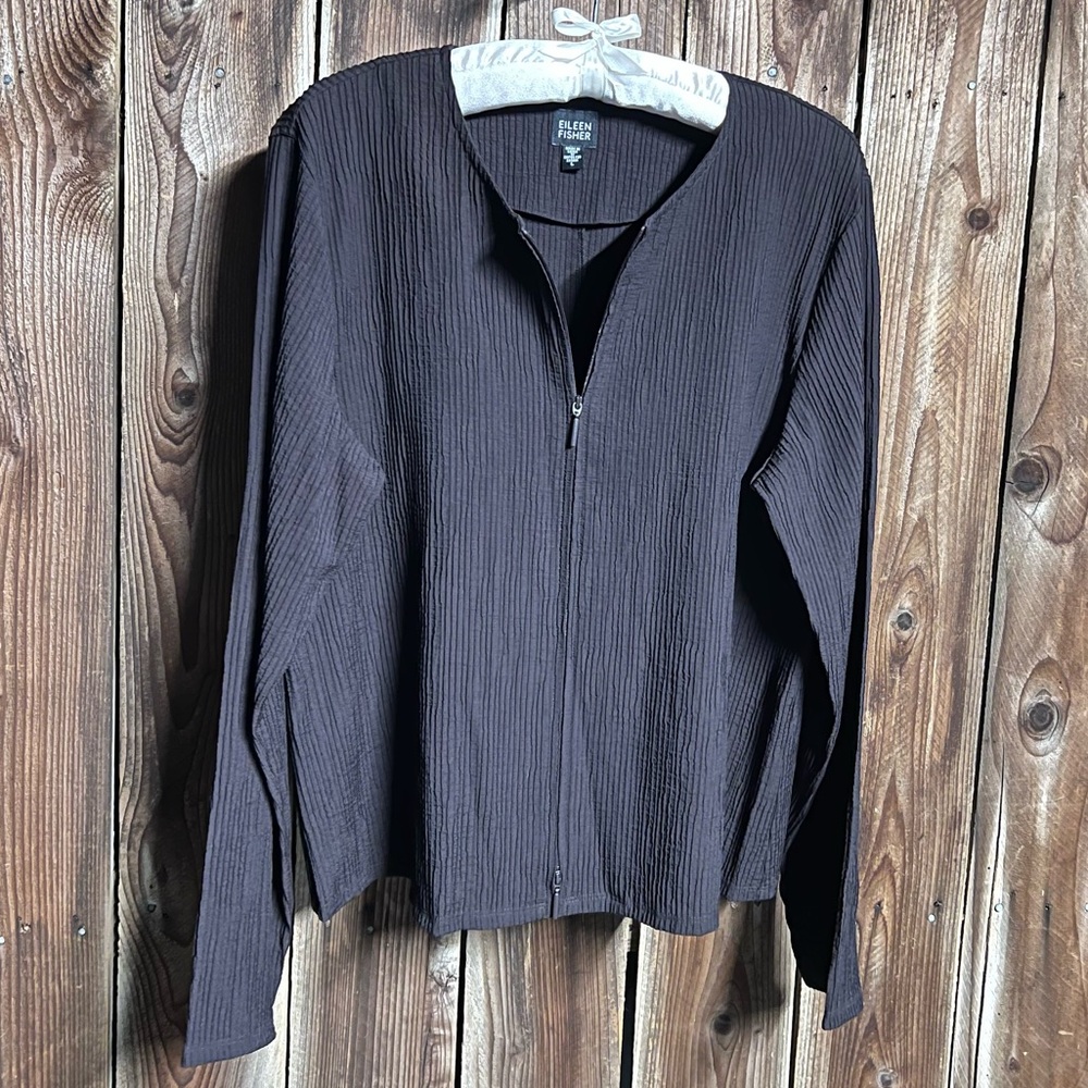 Eileen Fisher Quiet Luxury Crepe￼ Dark ￼Chocolate Brown Zip Up Jacket Sz L￼
